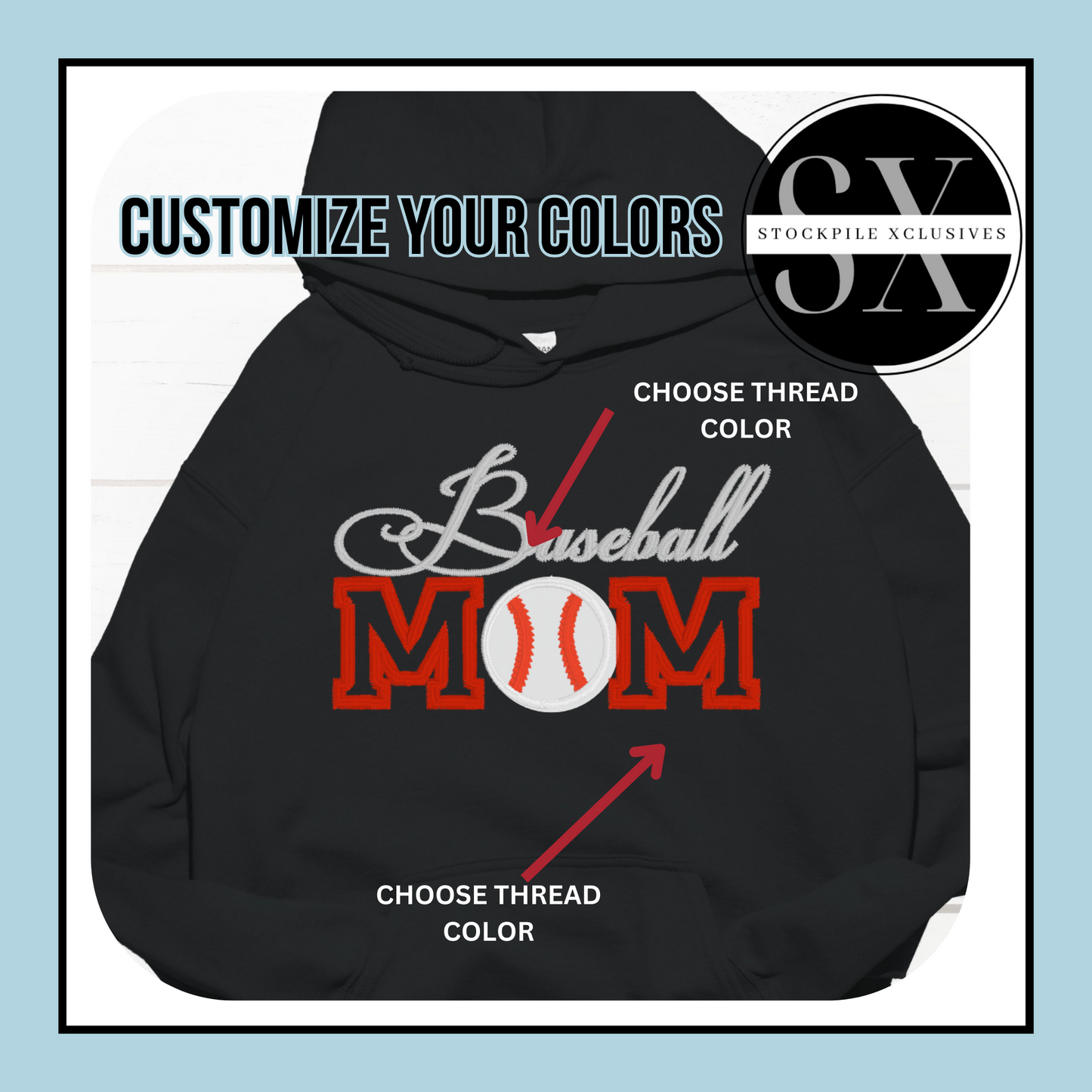 Baseball Mom Embroidered Crewneck Sweatshirt/Hoodie