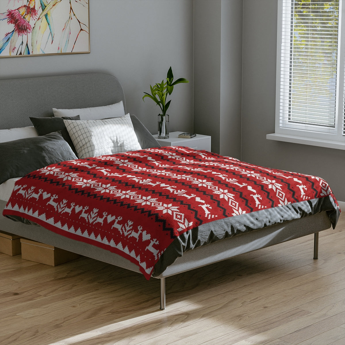 Red White Black Ugly Christmas Sweater Design Christmas Blanket or Throw| Velveteen Minky Blanket | Winter Deer and Snowflake Cover