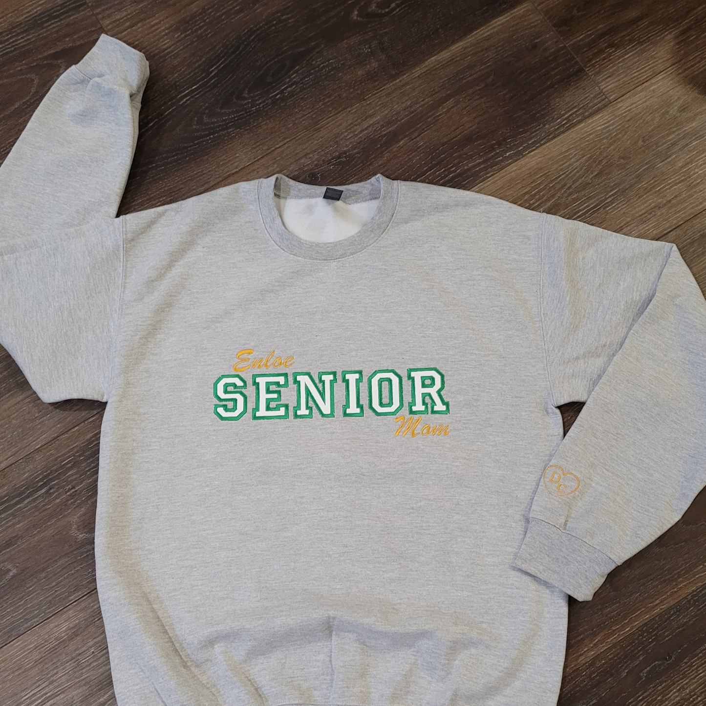 Senior Mom, Custom Embroidered Sweatshirt, Initial Heart on Sleeve Cuff