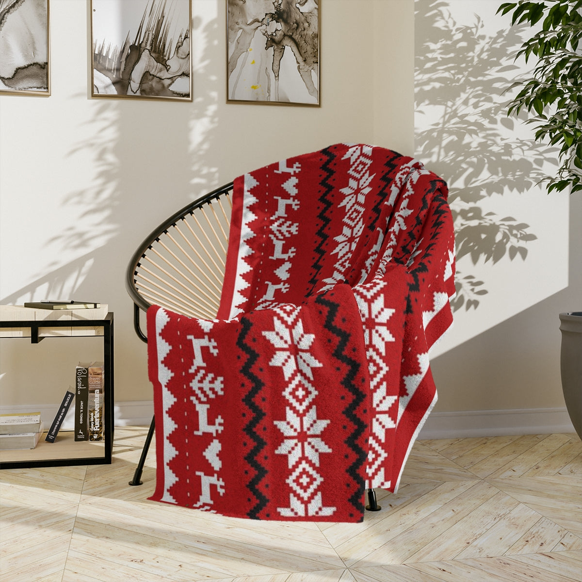 Red White Black Ugly Christmas Sweater Design Christmas Blanket or Throw| Velveteen Minky Blanket | Winter Deer and Snowflake Cover