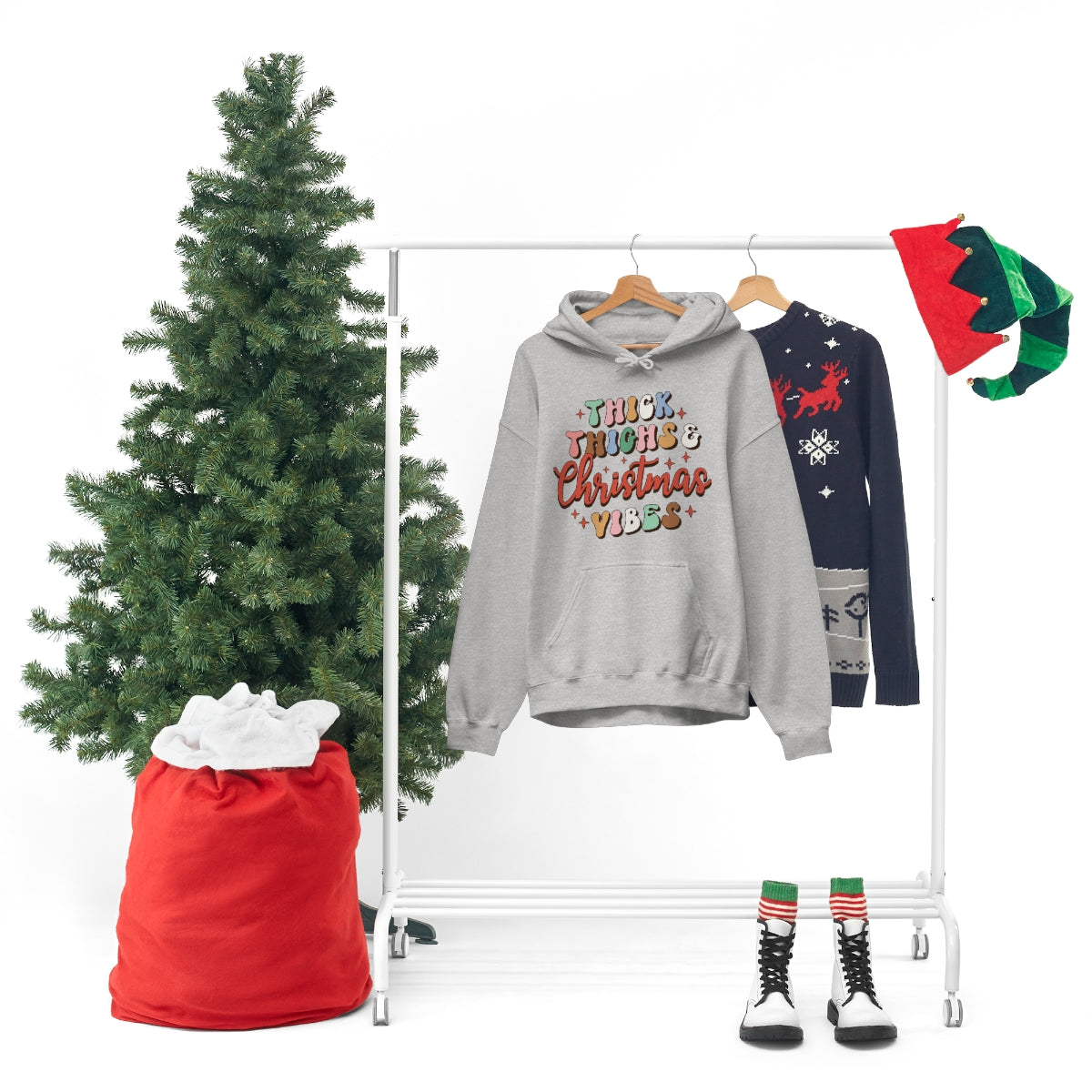 Thick Thighs & Christmas Vibes | Retro Style Hoodie| Christmas Sweatshirt, Retro Hooded Sweatshirt | Classic Christmas Hoodie