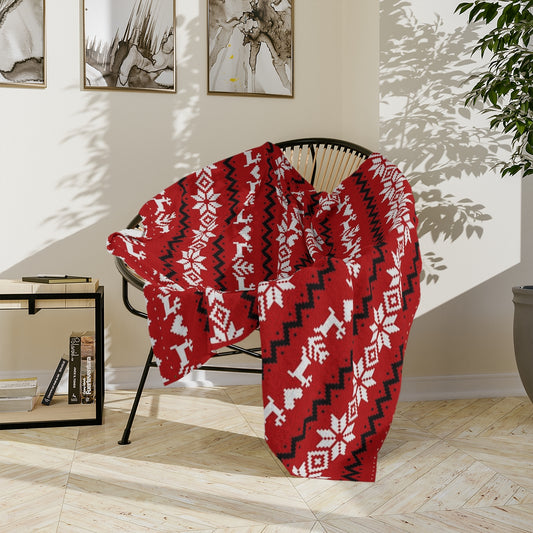Red White Black Ugly Christmas Sweater Design Christmas Blanket or Throw| Velveteen Minky Blanket | Winter Deer and Snowflake Cover