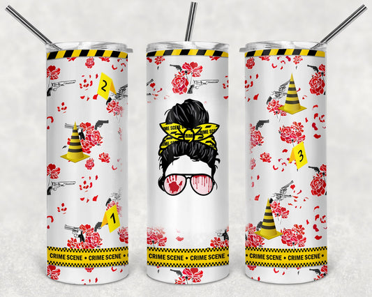 Messy Bun True Crime Caution Tape Tumbler