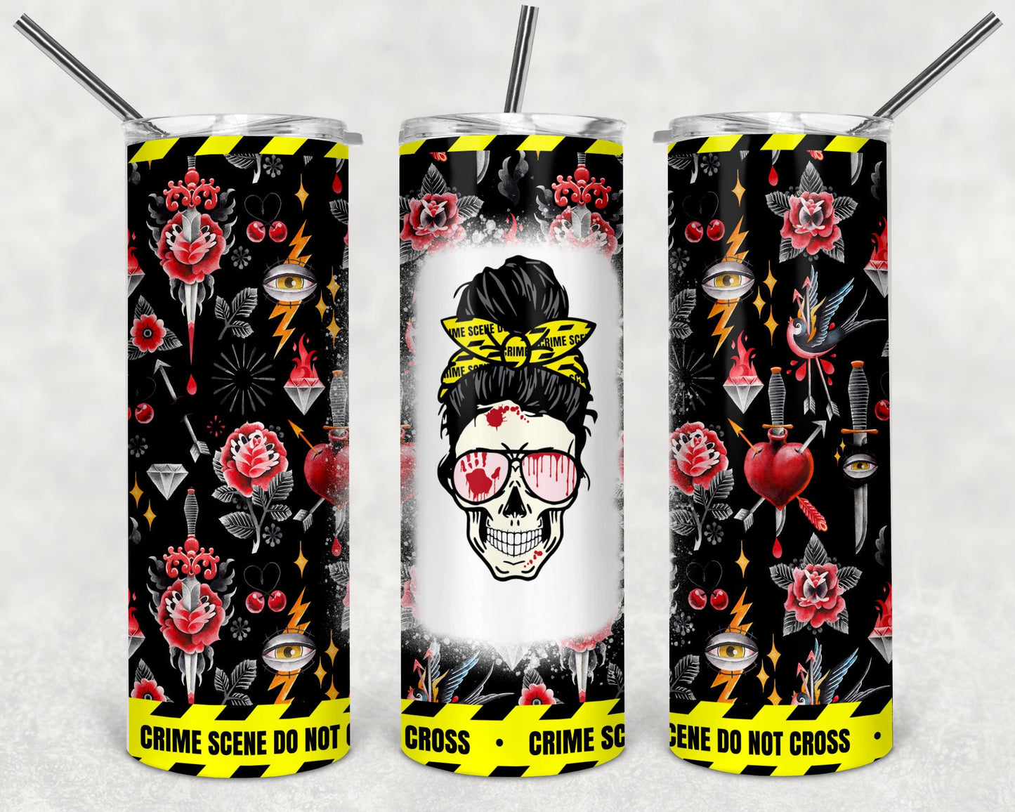 Messy Bun Skull True Crime Caution Tape Tumbler