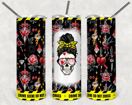 Messy Bun Skull True Crime Caution Tape Tumbler