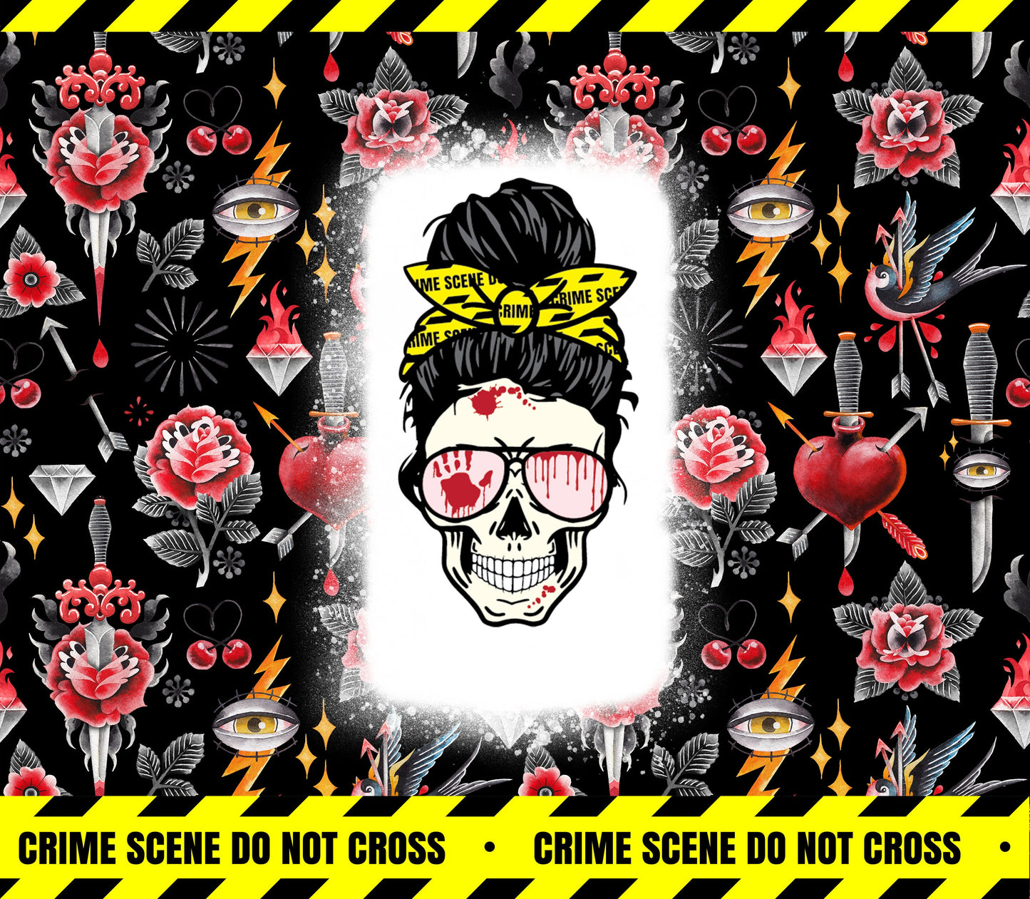 Messy Bun Skull True Crime Caution Tape Tumbler