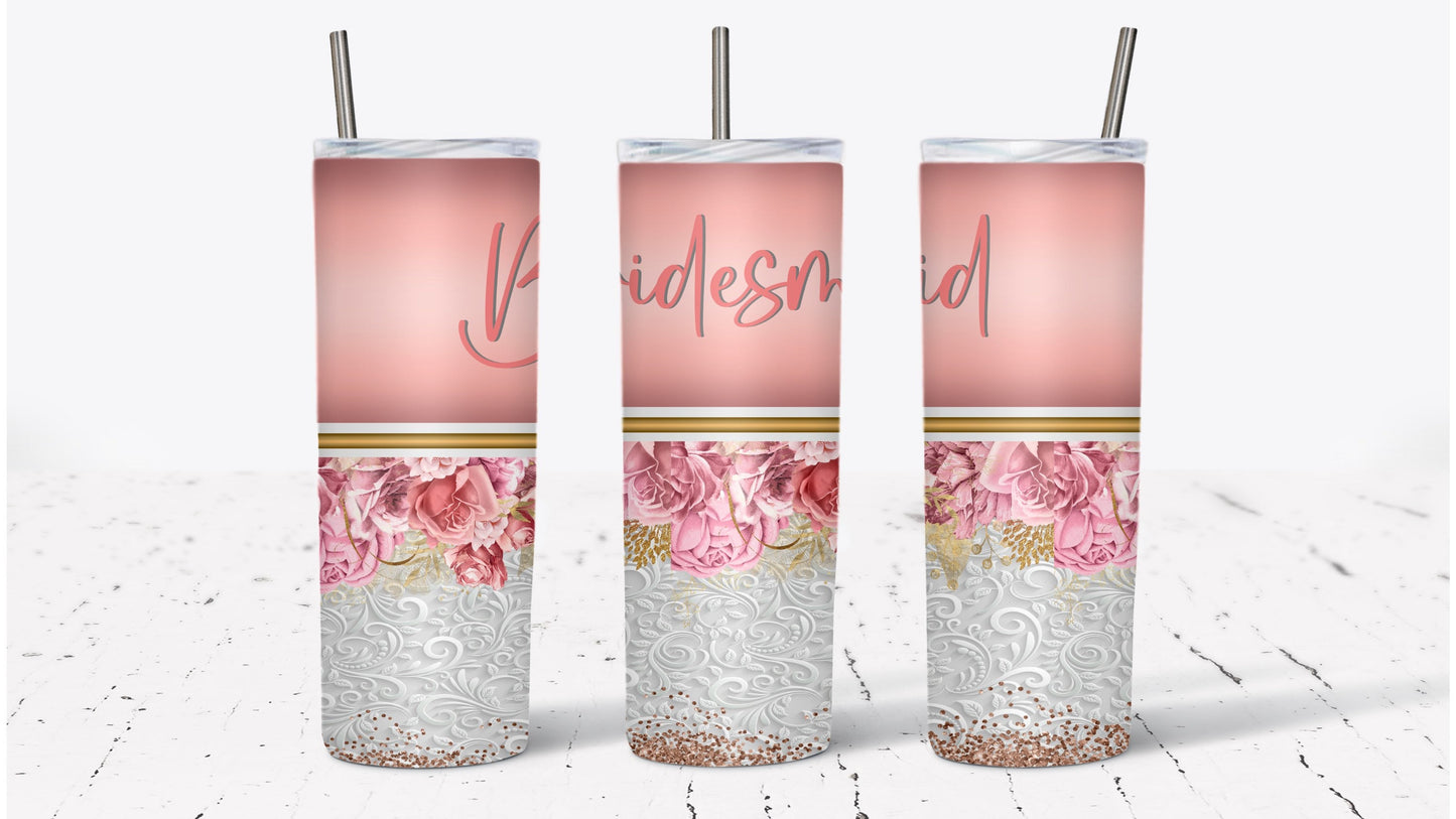 Bridesmaid Rose Gold Floral Lace| Gold Glitter Tumbler