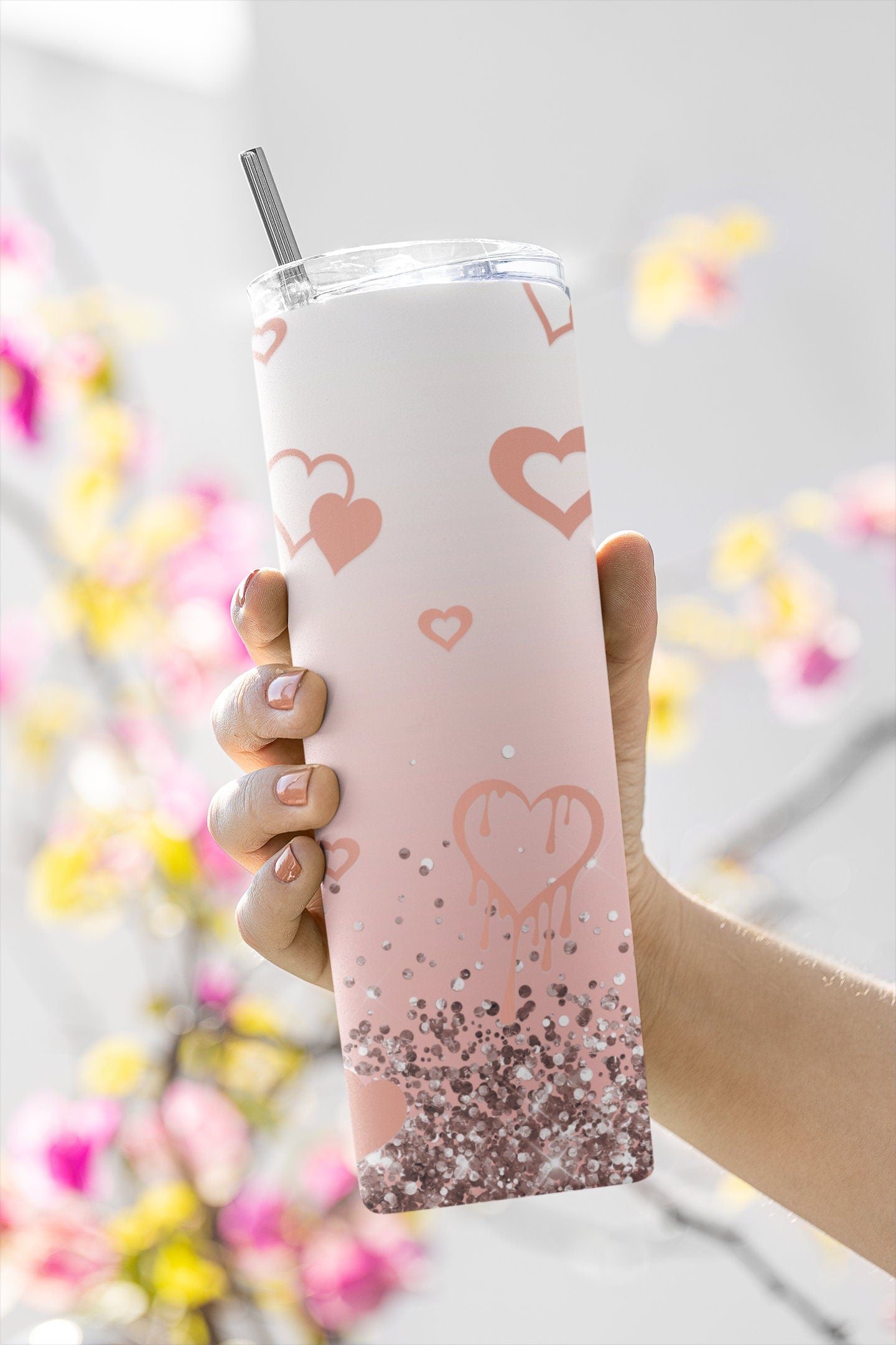 Personalized Hearts Pink Rose Gold Glitter Metallic Tumbler