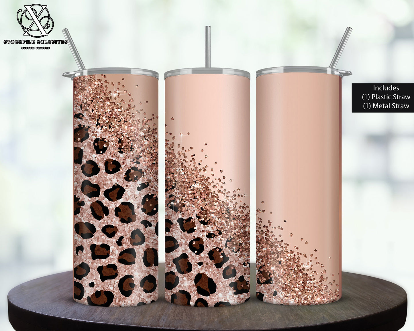 Leopard Rose Gold Glitter Metallic Skinny Tumbler