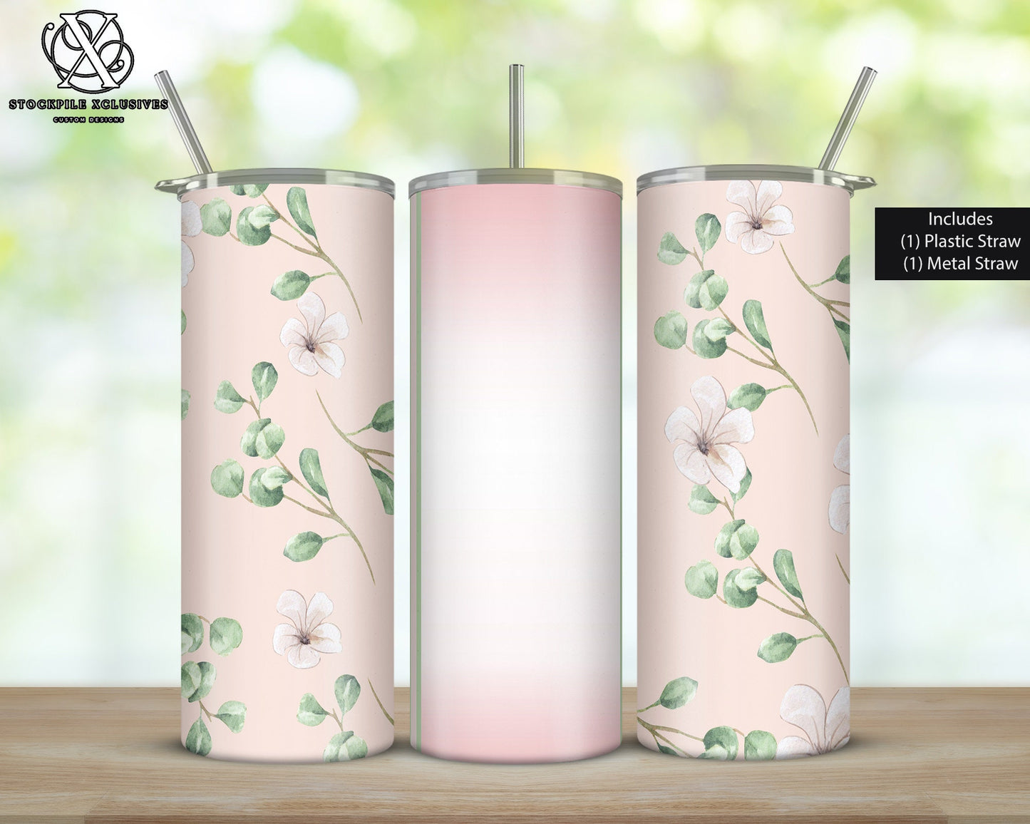 Peach and Sage Floral Pattern 20 Ounce Skinny Tumbler - Bridal Bridesmaid Bachelorette Girls Trip Perfect Birthday Gift Mother's Day Gift