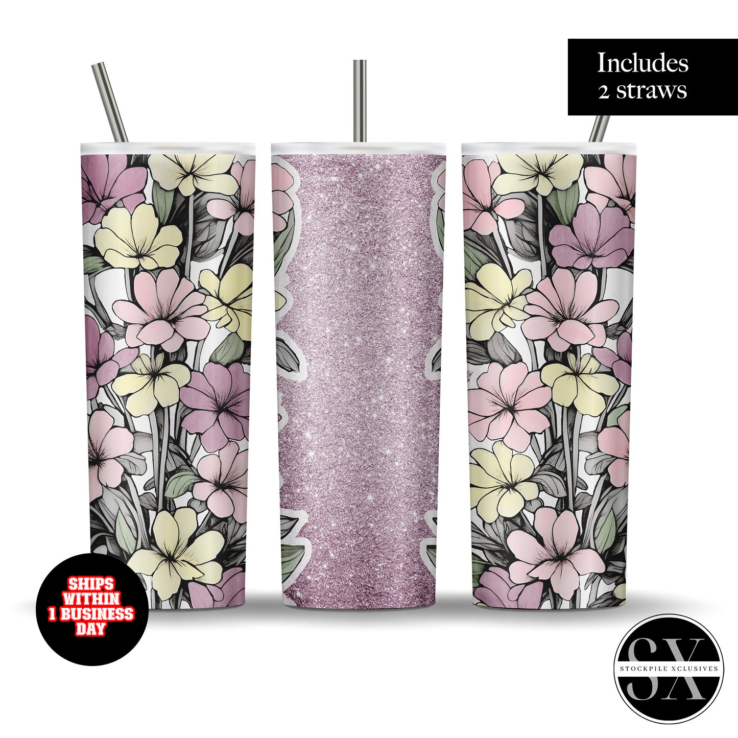 Watercolor Floral Faux Glitter Name tumbler