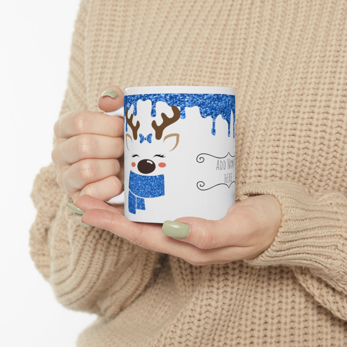 Blue Reindeer Christmas Mug Add Name