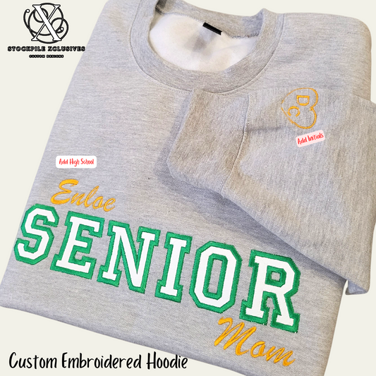 Senior Mom, Custom Embroidered Sweatshirt, Initial Heart on Sleeve Cuff