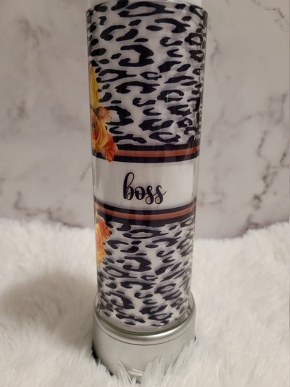 Mom Boss Wife Flower and Leopard Print Glass Bamboo Lid Tumbler