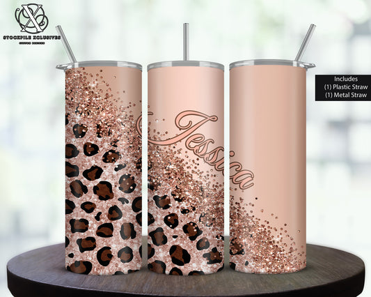 Leopard Rose Gold Glitter Metallic Skinny Tumbler