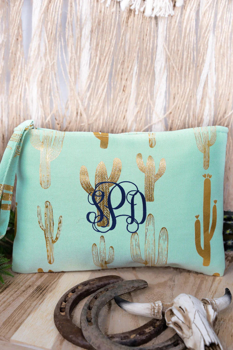 Metallic Gold & Mint Saguaro Cactus Wristlet Pouch