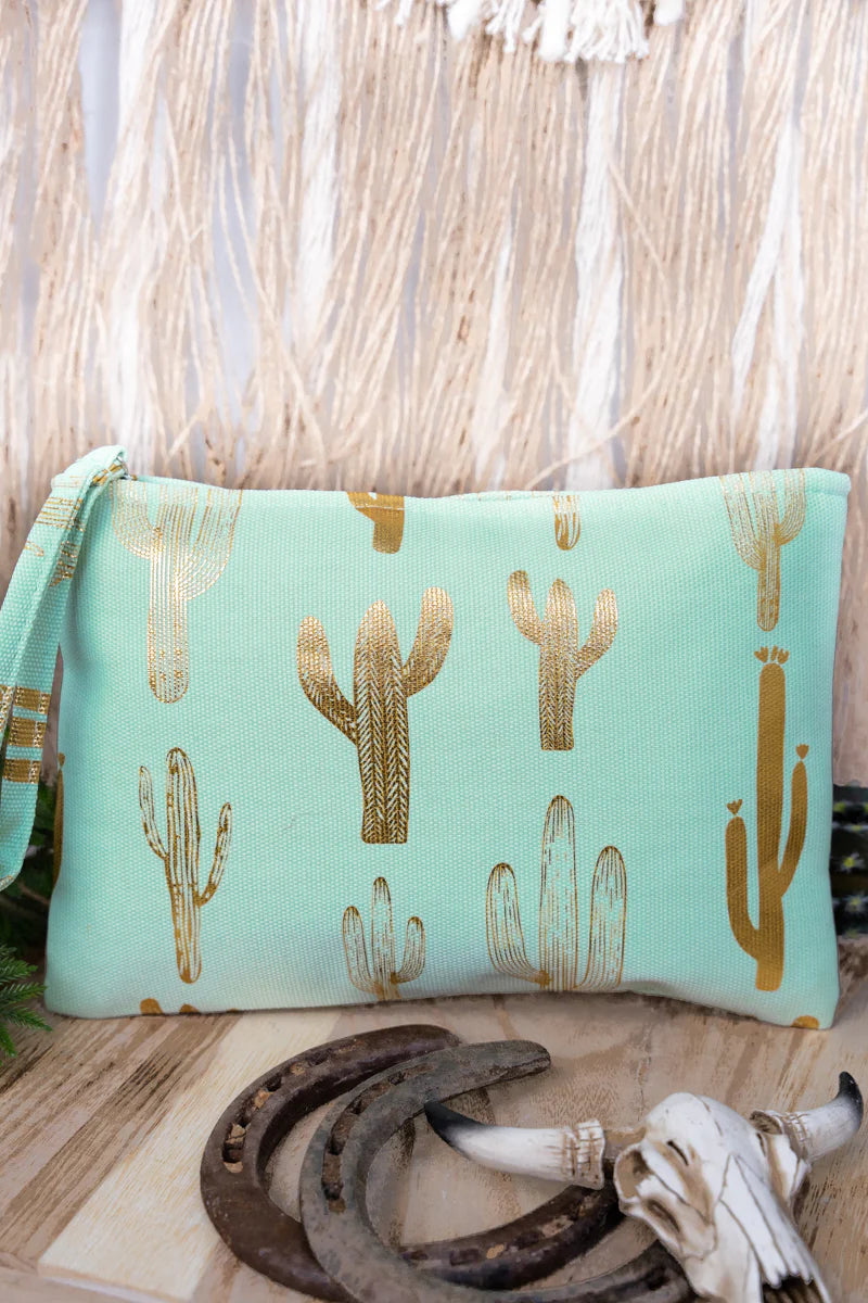 Metallic Gold & Mint Saguaro Cactus Wristlet Pouch